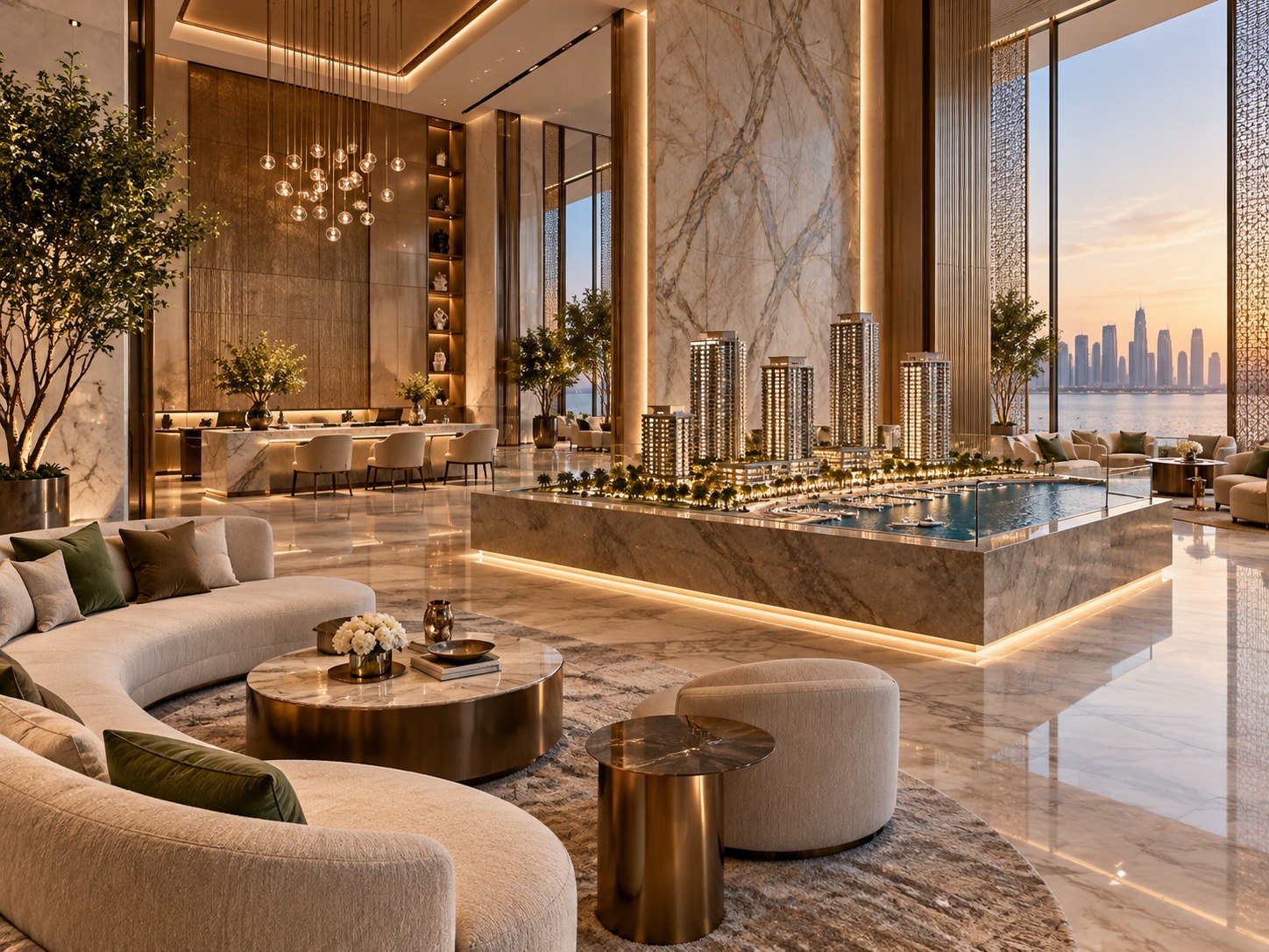 Luxury real-estate gallery interior in warm light
